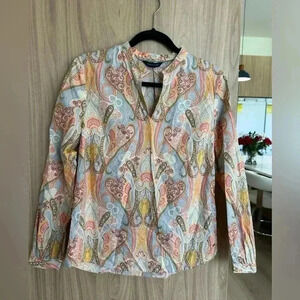 Tommy Hilfiger Womens Top Size M Pink Cotton Paisley V Neck Blouse Business